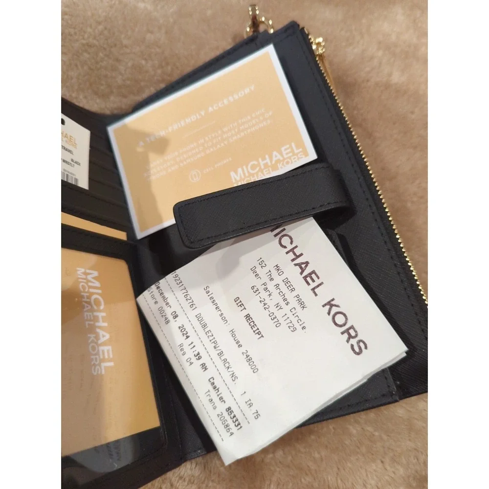 MICHAEL KORS JET SET DOUBLE ZIP WALLET PHONE CASE WRISTLET MK BLACK LEATHER GOLD